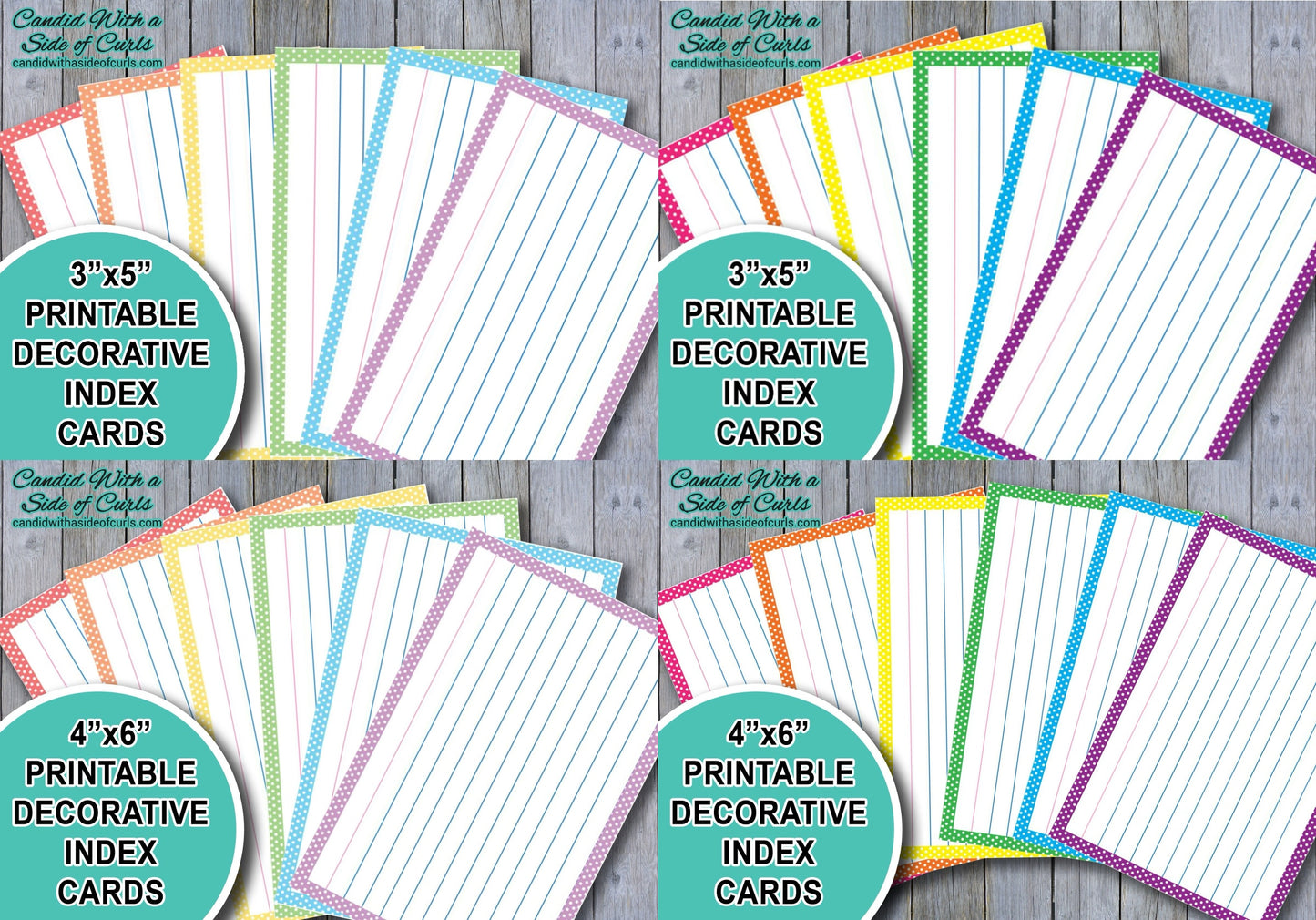 Printable Decorative Index Card Bundle (3x5 and 4x6 Sizes in Pastel and Bright Coloring)
