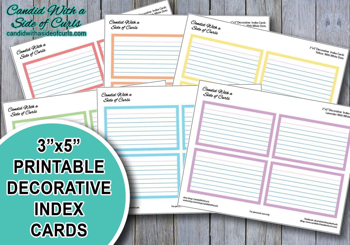 Printable Decorative Index Card Bundle (3x5 and 4x6 Sizes in Pastel and Bright Coloring)