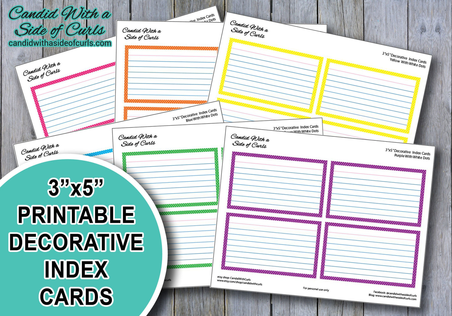 Printable Decorative Index Card Bundle (3x5 and 4x6 Sizes in Pastel and Bright Coloring)