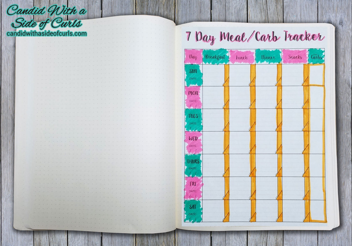 7 Day Meal and Carb Tracker Bullet Journal-Printable Pages