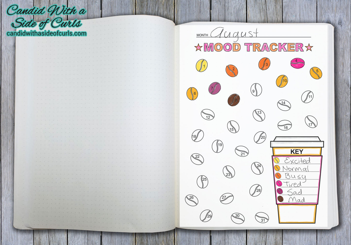 Coffee Bean Monthly Mood Tracker Bullet Journal-Printable Pages