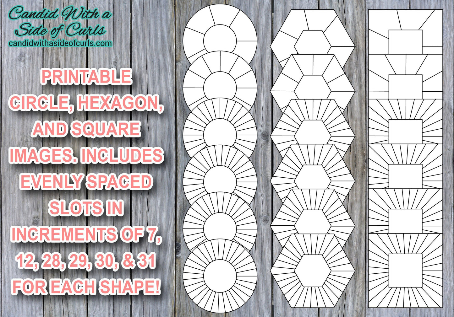 Circle, Hexagon, Square With 7, 12, 28, 29, 30, & 31 Spaces Bullet Journal Printable JPEG Images