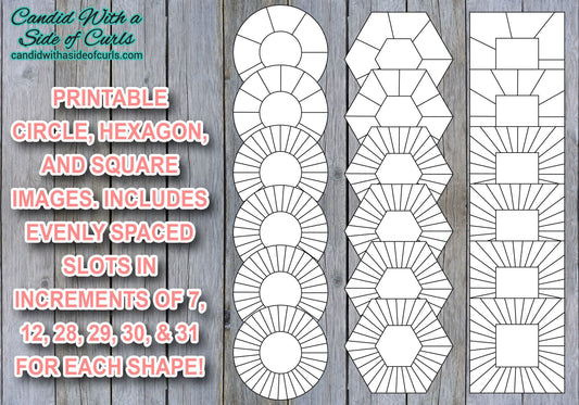 Circle, Hexagon, Square With 7, 12, 28, 29, 30, & 31 Spaces Bullet Journal Printable JPEG Images